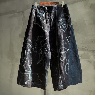 沉香布衣草堂自制缝染排扣长裤 蓝染随拼补丁C25u08140 拼接休闲裤