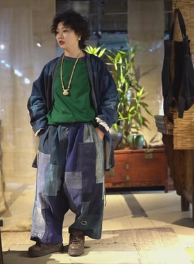 沉香布衣草堂 原创自制拼接老布蓝染双层微吊裆休闲长裤C25s01013