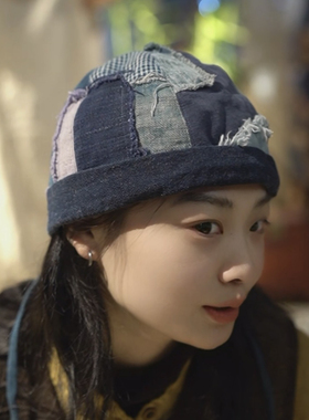 沉香布衣草堂自制蓝染补丁帽拼接撞色随拼系带可调节C25u04052