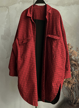 沉香布衣草堂原创自制红色格子双层春款新款长衣外套C25s01006