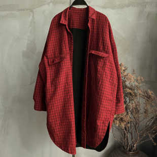 沉香布衣草堂原创自制红色格子双层春款 长衣外套C25s01006 新款