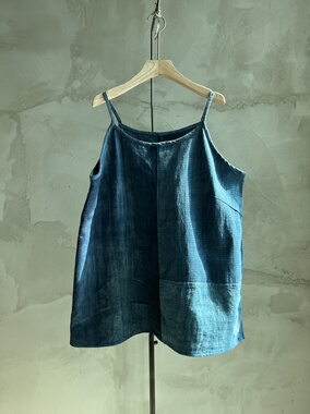 沉香布衣草堂 自制老布蓝染吊带短背心衣斑驳随拼补丁C25u07134