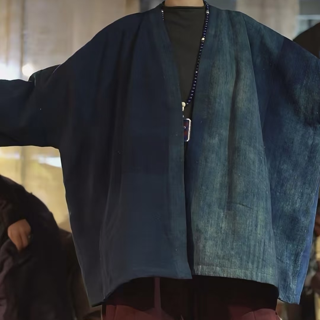 沉香布衣草堂蓝染棉服中长衣 老布蓝染自制无扣外套随拼C25a10245