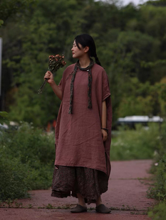 沉香布衣草堂 衣路走来 复古斜门襟袍子做旧亚麻袍裙 37645无折