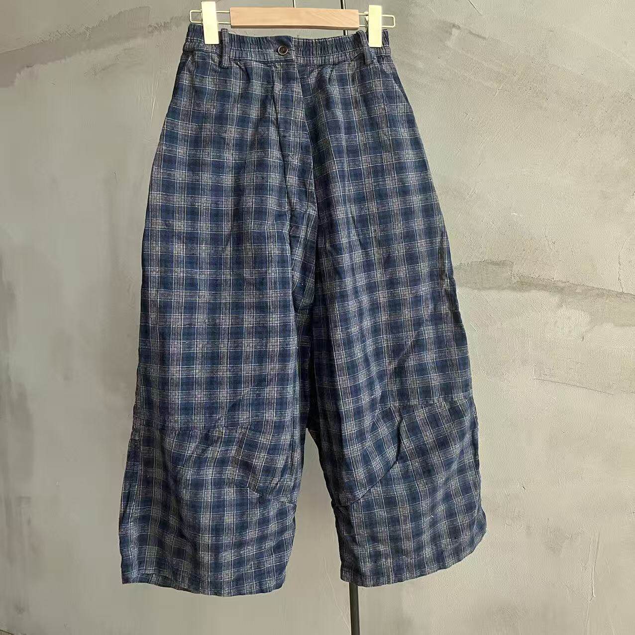 沉香布衣草堂灰蓝格子裤拼接老布格子吊裆 单层古古麦G25a10239