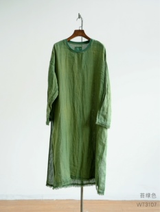 沉香布衣草堂长袖连衣裙 长衣 亚麻 自制圆领拼接简约宽松禅意袍