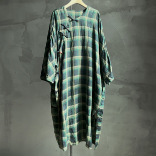 沉香布衣草堂衣牧了然色织蓝绿格袍子2025秋复古全盘扣亚麻长衣a