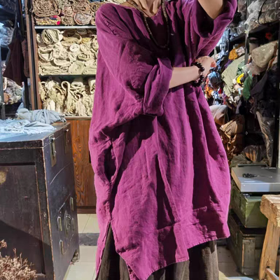 沉香布衣草堂 套头大衫中长衣 亚麻 小兜 做旧上衣