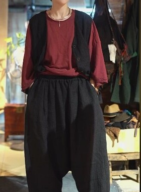 沉香布衣草堂自制亚麻纹理长裤休闲裤复古百搭吊裆裤C25u08164