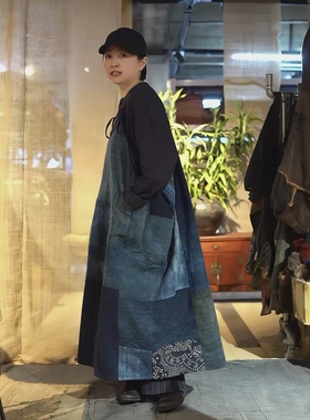 沉香布衣草堂自制蓝染拼接吊带裙拼色随机长背心可调节C25a10224