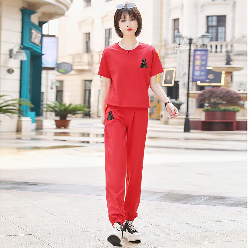 运动套装女夏新款宽松大码洋气时尚休闲短袖跑步服减龄薄款两件套