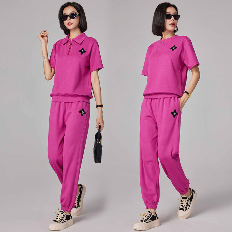 运动套装女夏时尚新款大码宽松百搭短袖休闲跑步服洋气薄款两件套