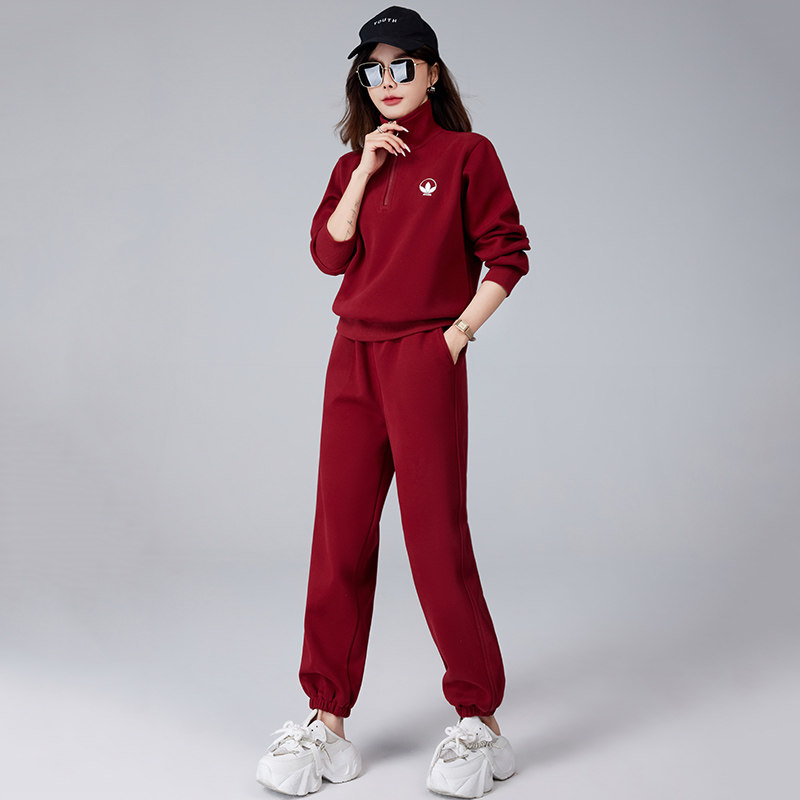 2026春秋天新款纯棉运动套装女减龄大码跑步立领休闲服卫衣两件套