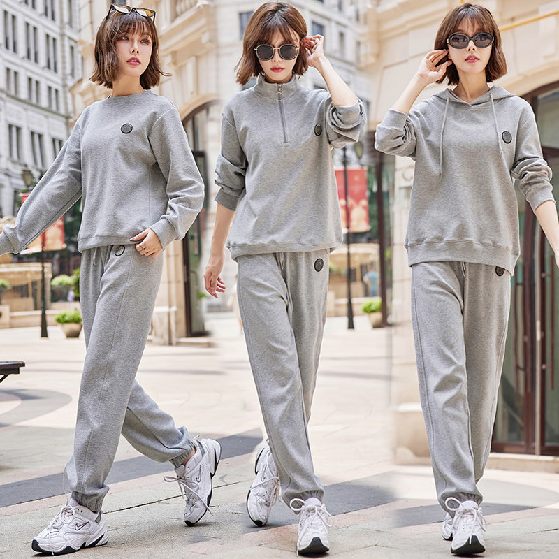 休闲运动套装女纯棉2026春秋季新款宽松显瘦大码跑步服卫衣两件套