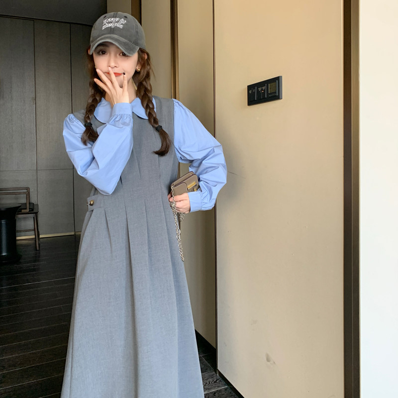 蓝色拼接假两件长袖连衣裙女2026秋季新款8360-135-198,女装连衣裙,帛香坊