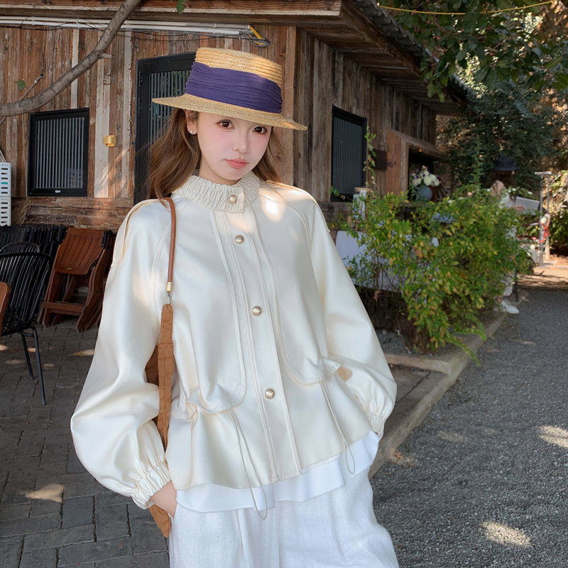 韩版甜美白色小香风外套女2025春秋季新款设计感别致圆领夹克上衣,女装短外套,帛香坊