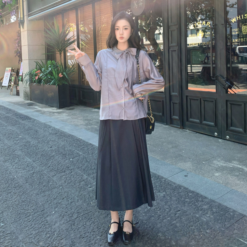 文艺风复古蝴蝶结衬衫半身裙两件套2025新款182-8662-P165-K238,女装套装/套裙,帛香坊