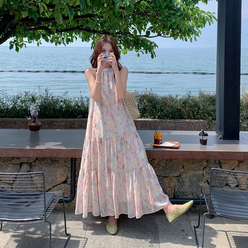波西米亚风绝美海边度假A字裙夏季2026新款女绝美碎花挂脖连衣裙,女装连衣裙,帛香坊