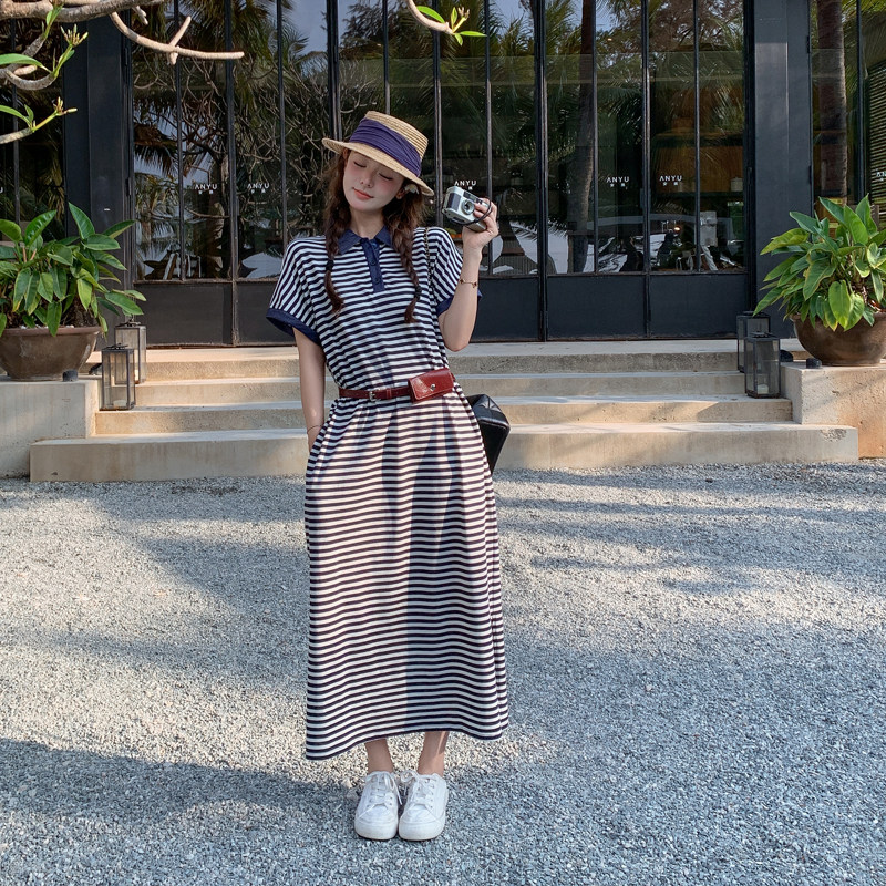 牛仔拼接条纹连衣裙女2026夏季宽松薄款中长裙撞色休闲运动T恤裙,女装连衣裙,帛香坊