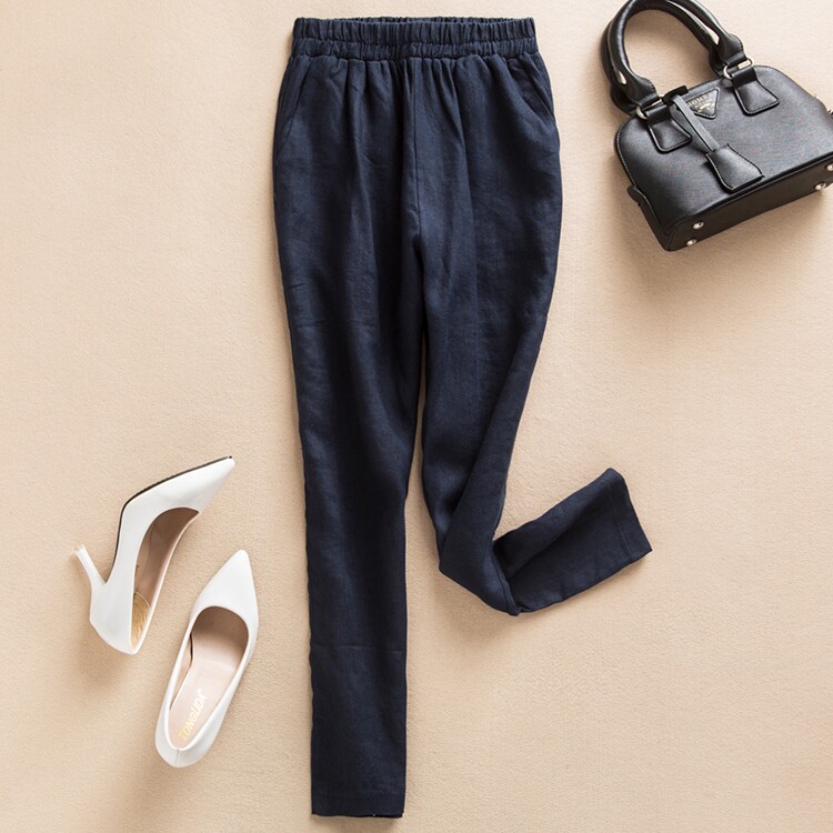 夏季新款棉麻裤子女宽松亚麻哈伦裤麻料小脚裤九分裤松紧腰休闲裤