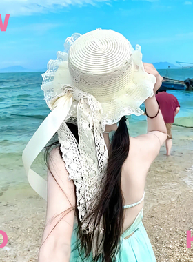 【WIOK】原创加长蝴蝶结草帽女夏季户外出游海边沙滩遮阳太阳草帽