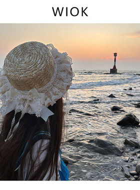 【WIOK】原创田园洛丽塔手作小雏菊蕾丝蝴蝶结草帽lo森系飘带帽子