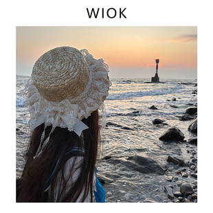 【WIOK】原创田园洛丽塔手作小雏菊蕾丝蝴蝶结草帽lo森系飘带帽子