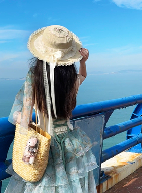 【WIOK】原创手作lolita夏季遮阳帽顶刺绣蕾丝花边蝴蝶结草帽女系