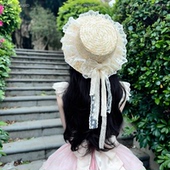 原创lolita手作蝴蝶结草帽女系夏季 WIOK 遮阳防晒蕾丝花边帽子