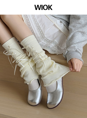 wiok 白色蝴蝶结袜套喇叭阔腿Y2K女春夏中筒长袜jk小腿针织堆堆袜