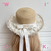 WIOK 原创森系蕾丝蝴蝶结田园lo娘草帽手工草编太阳帽子女遮阳
