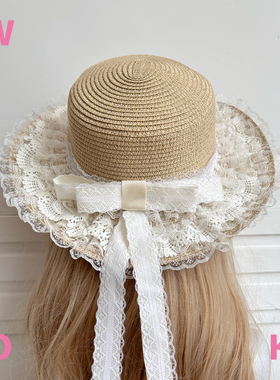 【WIOK】原创森系蕾丝蝴蝶结田园lo娘草帽手工草编太阳帽子女遮阳
