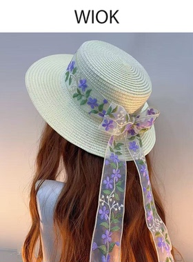 【WIOK】原创手作lolita夏季遮阳花瓣飘带草帽蕾丝花边蝴蝶结女系