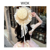 WIOK 森系田园lolita手作蝴蝶结草帽女lo娘软妹蕾丝花边手工帽