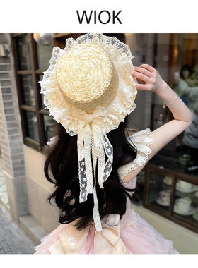 【WIOK】森系田园lolita手作蝴蝶结草帽女lo娘软妹蕾丝花边手工帽