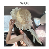 原创lolita手作蝴蝶结草帽jk女夏季 WIOK 遮阳防晒蕾丝花边帽子