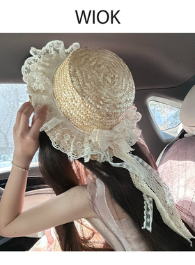 【WIOK】原创lolita手作蝴蝶结草帽jk女夏季遮阳防晒蕾丝花边帽子