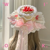 WIOK 原创粉蝴蝶结草莓蕾丝洛丽塔草帽飘带Lolita少女风茶会礼帽
