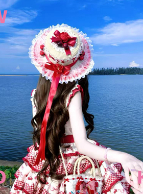 【WIOK】原创手作洛丽塔草帽女夏季户外海边樱桃熟了lo系遮阳帽子