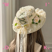 WIOK原创绿织绑带山茶花洛丽塔草帽蕾丝飘带Lolita清新lo少女草帽