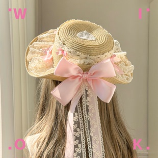 WIOK  原创夏野织风洛丽塔草帽粉蝴蝶结蕾丝Lolita田园风少女茶会