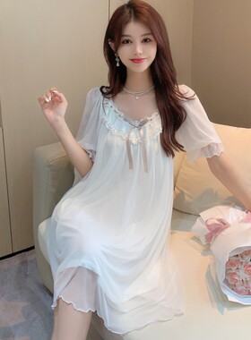 白色复古宫廷风睡裙女夏季可爱蕾丝公主长款短袖莫代尔睡衣家居服