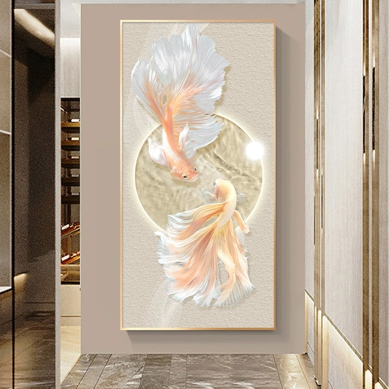 好运锦鲤入户玄关装饰画新款创意高档客厅挂画轻奢走廊过道壁画图片