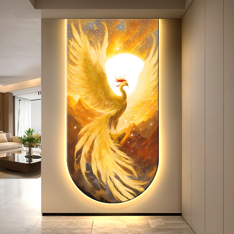 浴火凤凰玄关装饰画新中式走廊过道发光挂画高级感入户拱形壁灯画图片