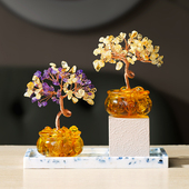 天然黄水晶发财树聚宝盆底座家居客厅酒柜办公室桌面装 饰品摇钱树