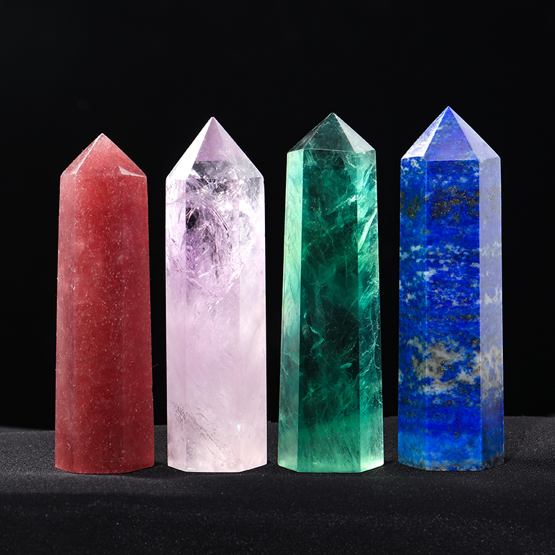 天然水晶单尖柱白黄粉紫水晶六棱柱原石摆件瑜伽消磁家居送礼装饰