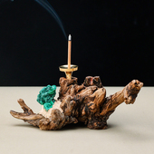 天然风化枯木香插孔雀石根雕根艺原木底座现代中式 禅意茶室摆件