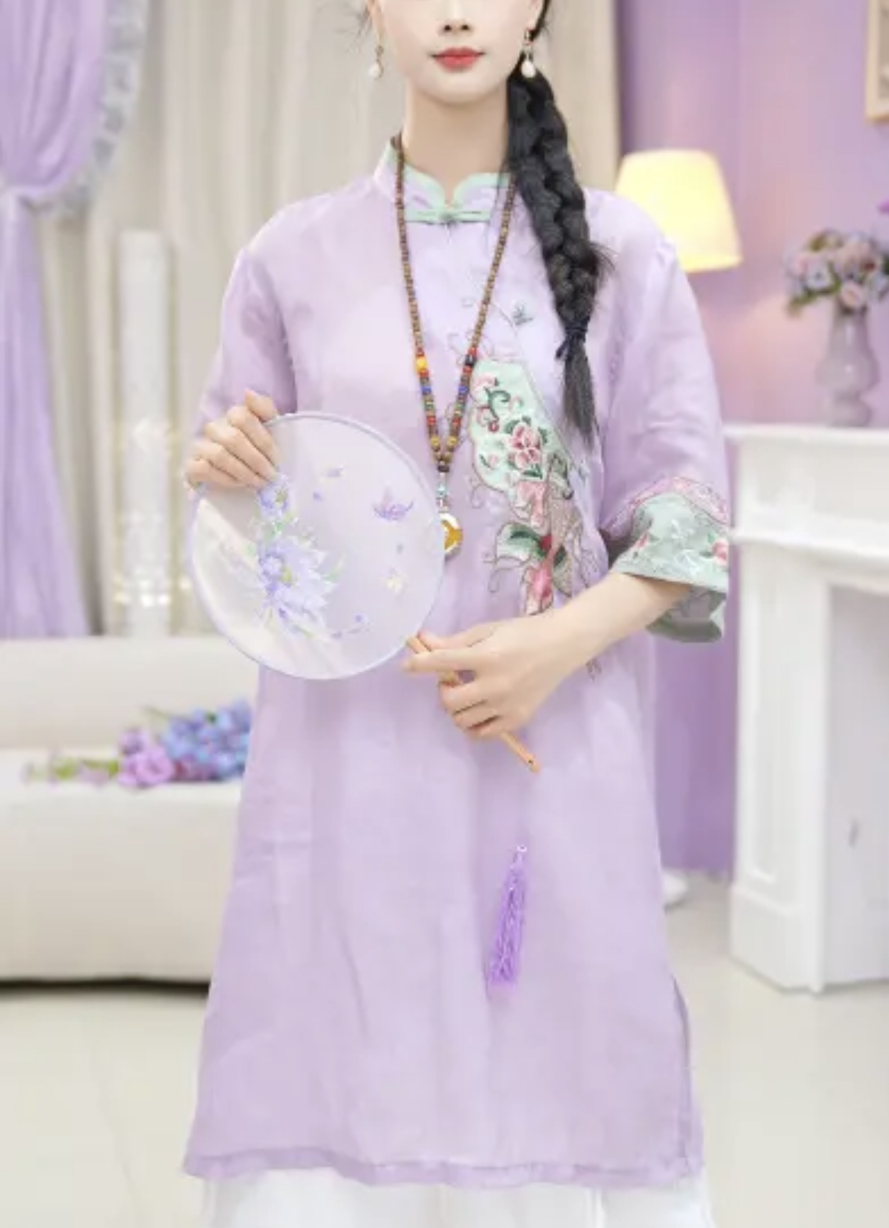 炫织梦99611 国风立领刺绣苎麻中长连衣裙2025夏新款宽松禅意茶服