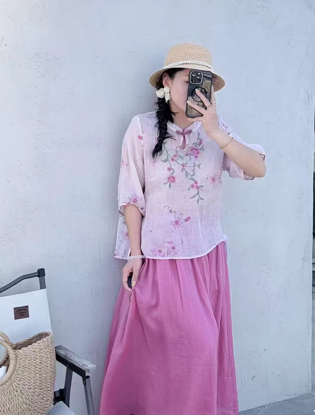麻印女神新中式夏季苎麻刺绣印花国风百搭宽松文艺衬衫