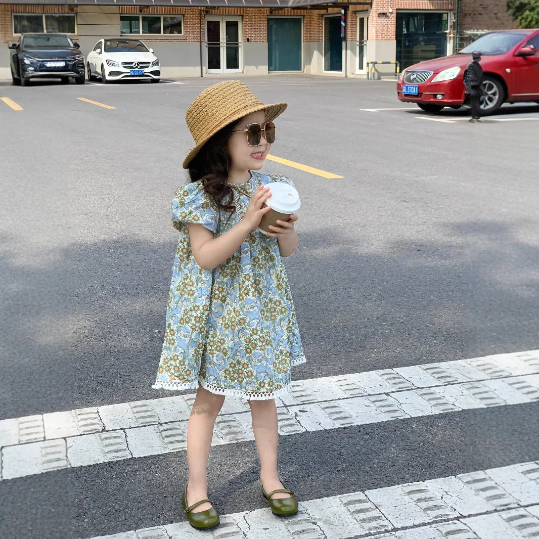 女童短袖连衣裙2025夏装女宝宝韩版蓝色碎花泡泡袖公主裙娃娃